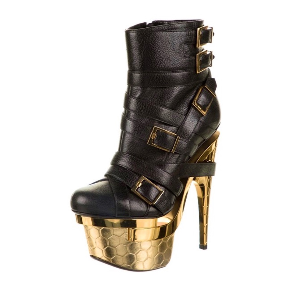 Versace Black Leather Strappy Platform Ankle Boots with Gold Honeycomb Heel